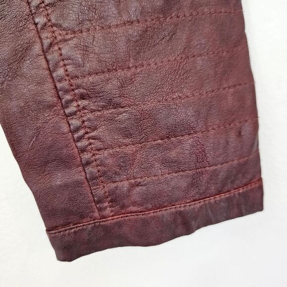 Vintage Guess '90s Burgundy Faux Leather Mandarin Neck Quilted Moto Jacket XL - Picture 7 of 16
